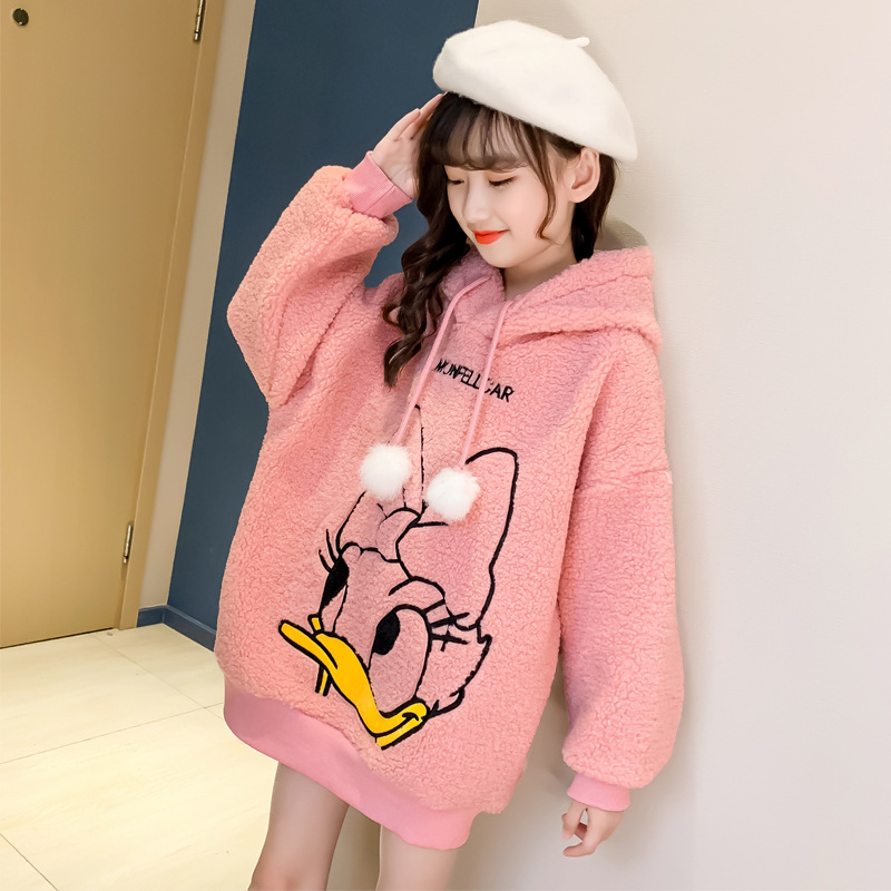 女童秋冬连帽加绒卫衣韩版儿童韩版卡通套头衫大童长袖加厚打底衫|ru