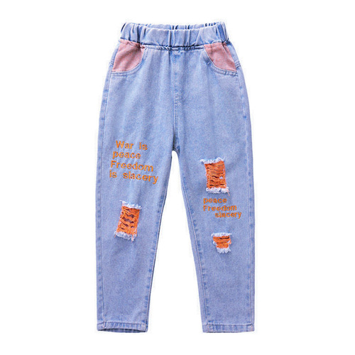 Girls' Denim Jeans 2024 Spring and Autumn New Korean Style Children's Stylish and Trendy Hole-punched Long Pants for Older Children Loose Pants
