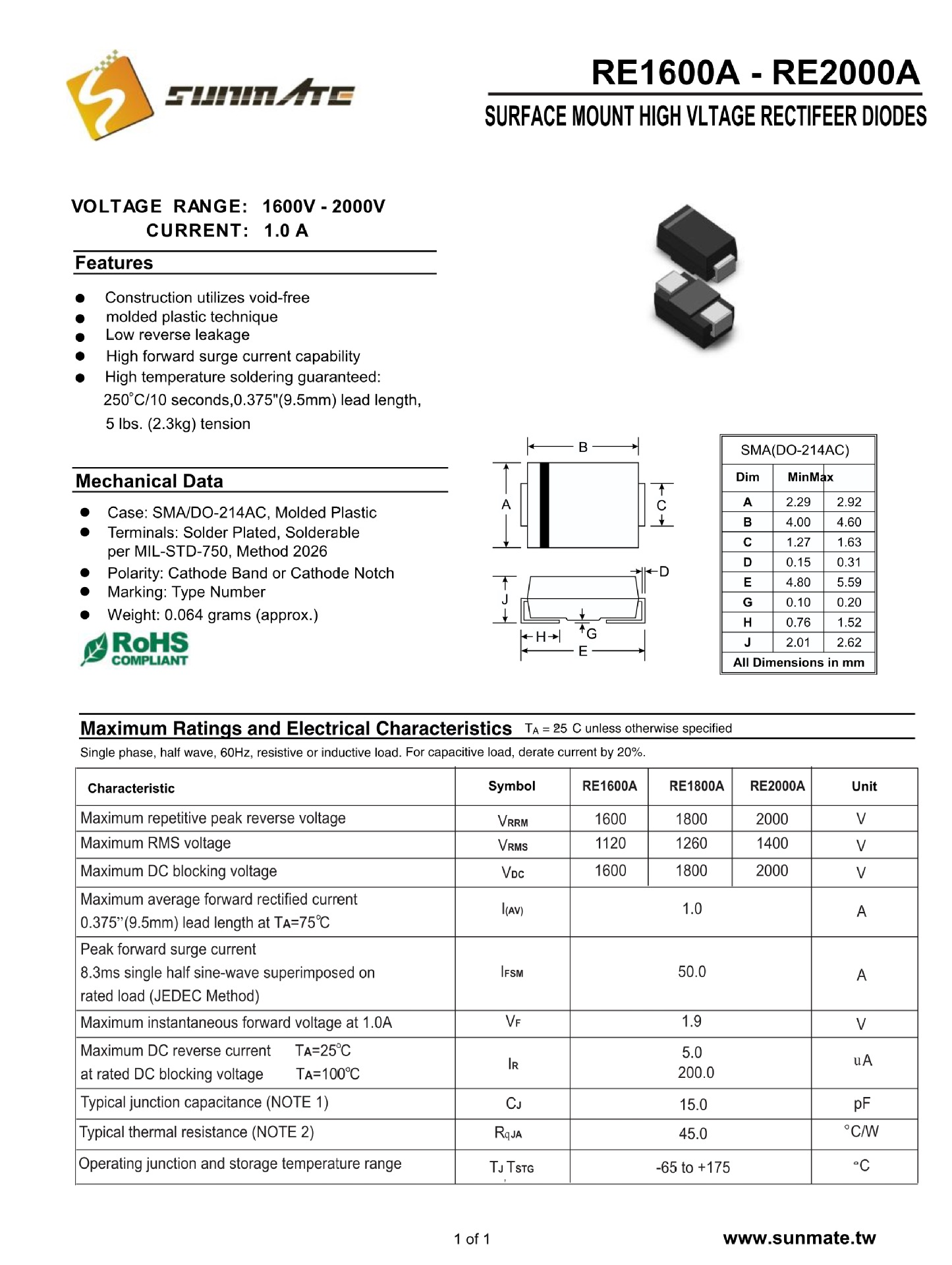 R2000a 高压整流二极管R2000 插件 DO-41 2000V RE2000A 贴片 SMA封装-阿里巴巴