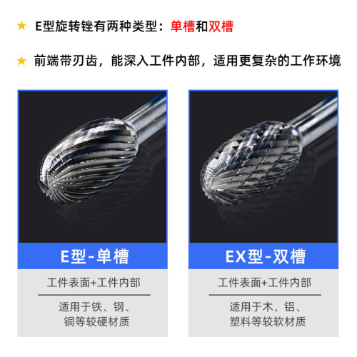 Tungsten steel grinding head carbide rotary file oval milling cutter metal grinding and engraving single and double groove E type
