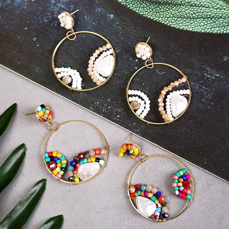 Bohemian Geometric Round Pearl Rice Bead Earrings  Creative Personality Handmade Resin Earrings Nihaojewelry Wholesale display picture 4