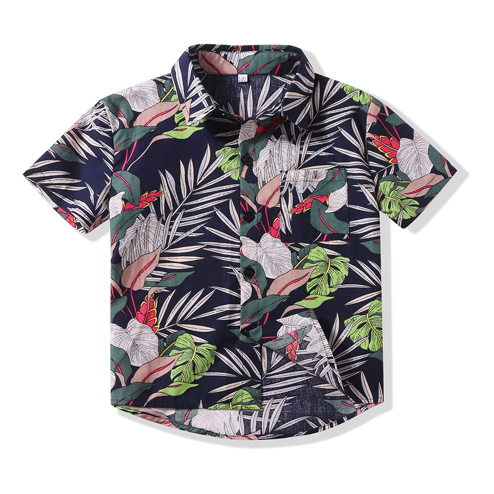 Amazon Comercio exterior transfronterizo ropa para niños 2023 Verano nuevo estilo europeo y americano Camisa de algodón floral tropical de solapa de manga corta para niños