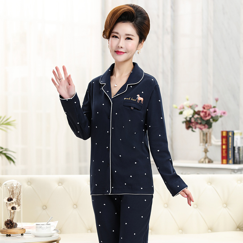 100% algodón pijamas de mujer primavera y otoño pantalones de manga larga cardigan de mediana edad mamá traje de invierno homewear
