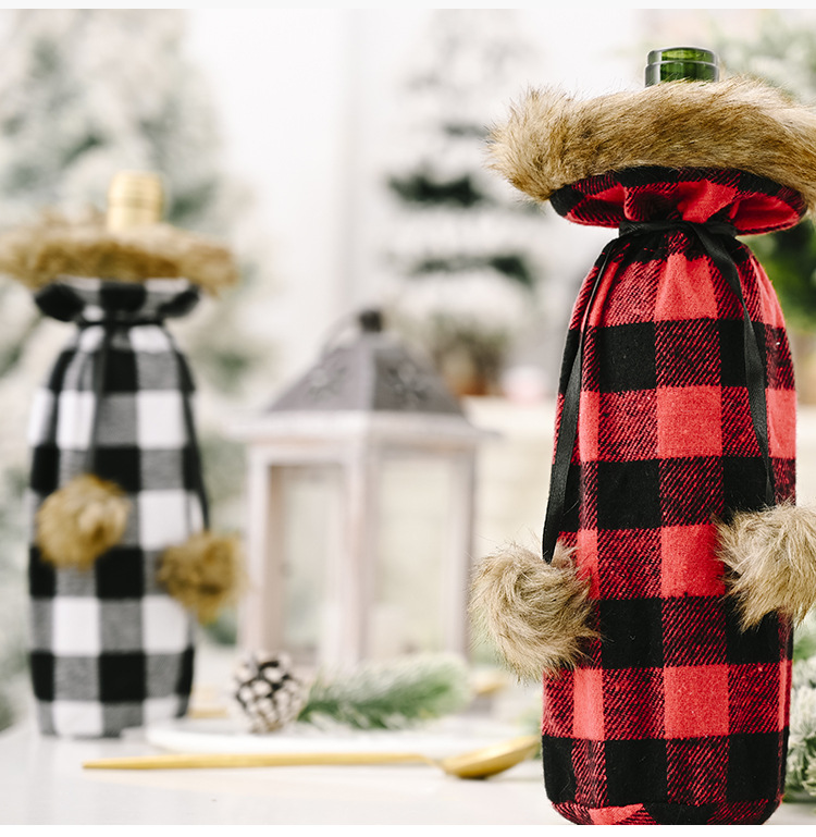 60g Weight Christmas Festival Haobei Christmas Festive Supplies Pompon Plaid Bottle Cover Creative New Red And Black Wine Bottle Bag Wine Gift Box Wine Cover 9