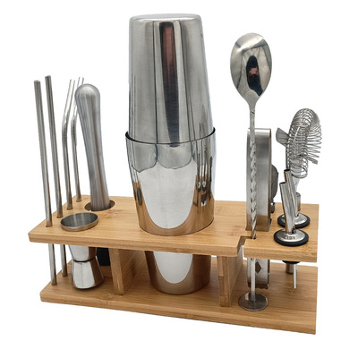 14件套美式不鏽鋼調酒器雞尾酒套裝波士頓搖床酒吧工具竹架底座