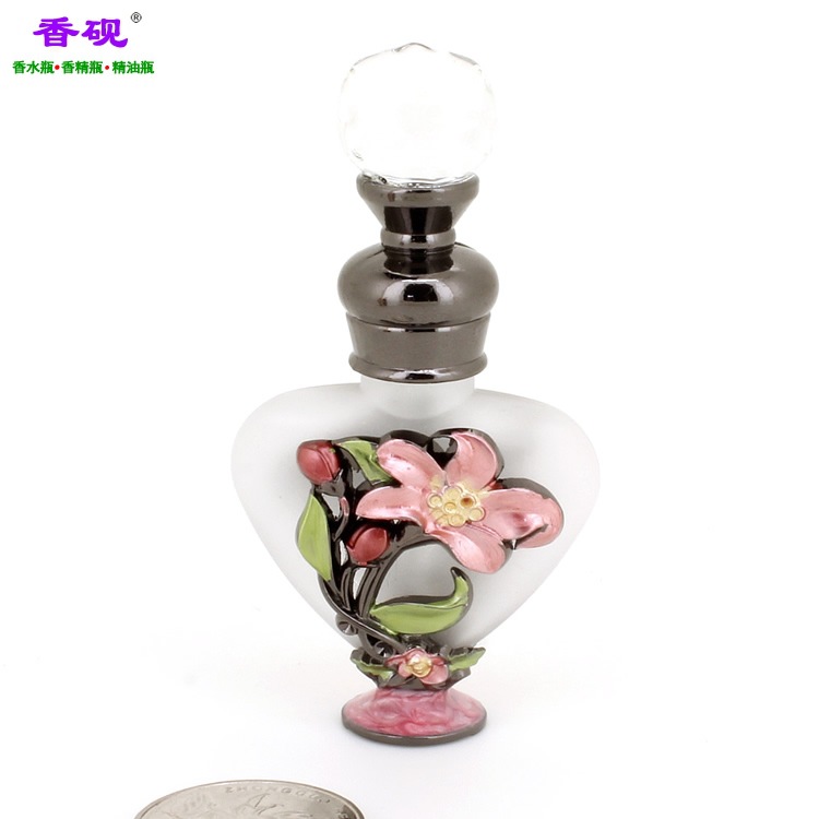 香砚6ml心形粉红大花朵青铜宫廷顶紫色底贵夫人精油瓶摆件1.