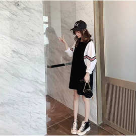 连衣裙女2020春秋装新款韩版宽松假两件蝙蝠袖中长裙休闲卫衣裙子