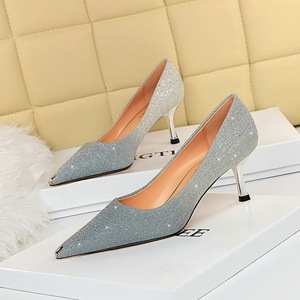 6826-A9 euramerican fashion sexy party shoes high heel with shallow mouth shining sequins metal point single shoes