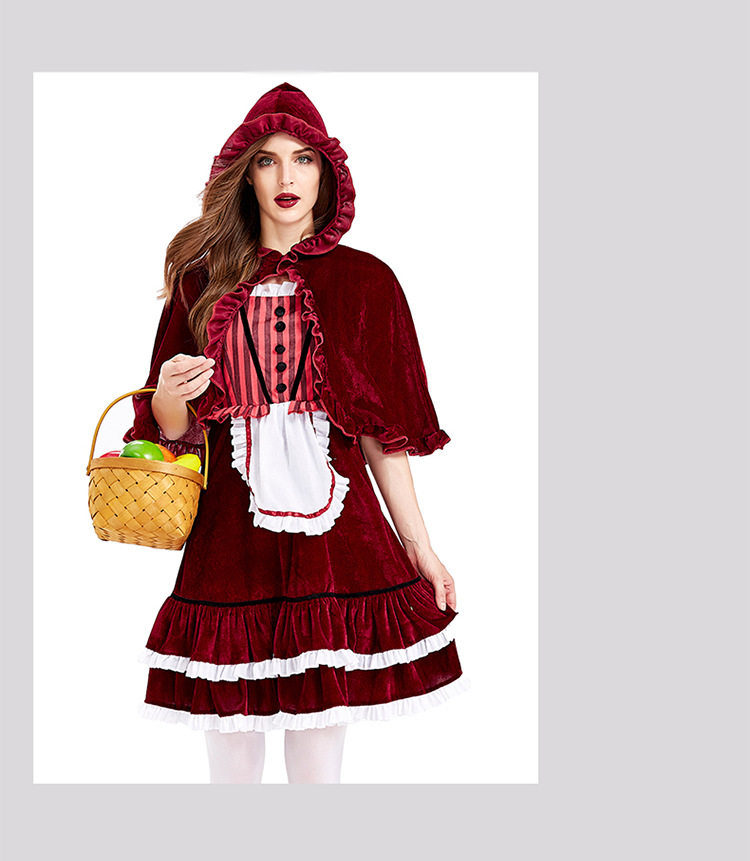 Halloween Costume New Foreign Trade Dress Striped Wine Red Lace Shawl Little Red Riding Hood Party Costume Short Skirt display picture 3