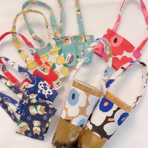 Japanese cotton diagonal hand-cranked cup bag cloth bag milk tea drink children's cartoon water cup cover protective cover printed with logo