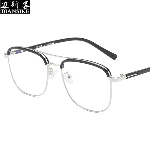 New fashionable anti-blue light personality thin retro double beam metal TR90 hybrid glasses frame 1872 flat mirror