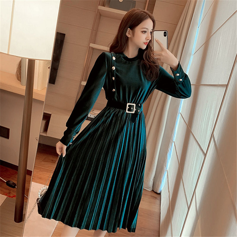 超仙暖暖金丝绒打底连衣裙2020秋冬新款高档高腰显瘦遮肚名媛女装