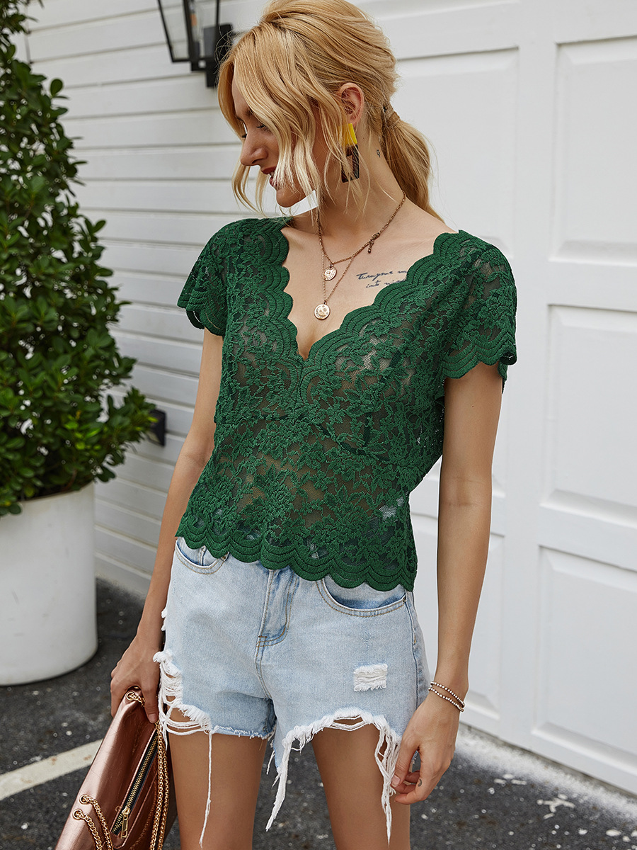 V-neck short-sleeved lace sexy short T-shirt NSAL2872