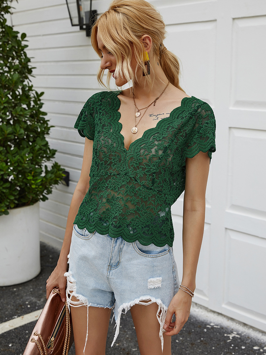  V-neck short-sleeved lace sexy short T-shirt NSAL2872