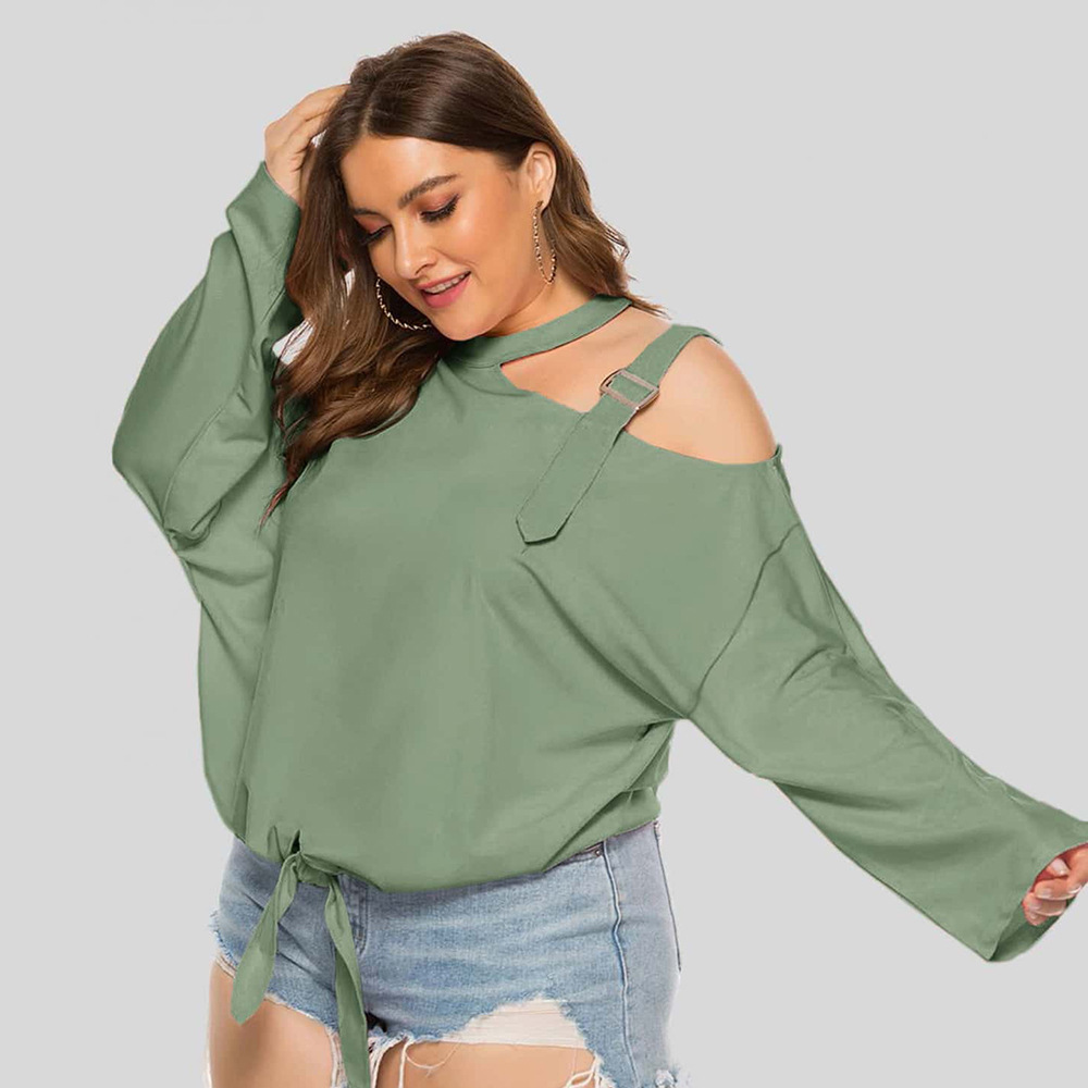 plus size shoulder strap solid color bow long sleeve oblique shoulder T-shirt  NSJR17170