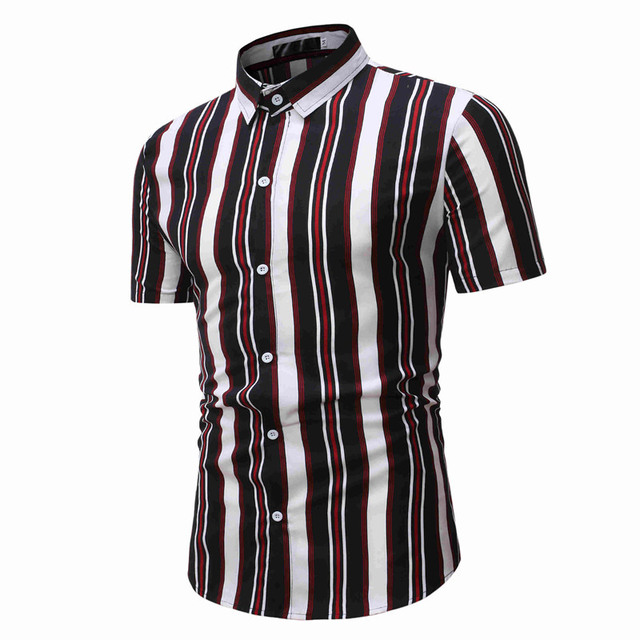 Summer button men’s fashion casual stripe short sleeve shirt