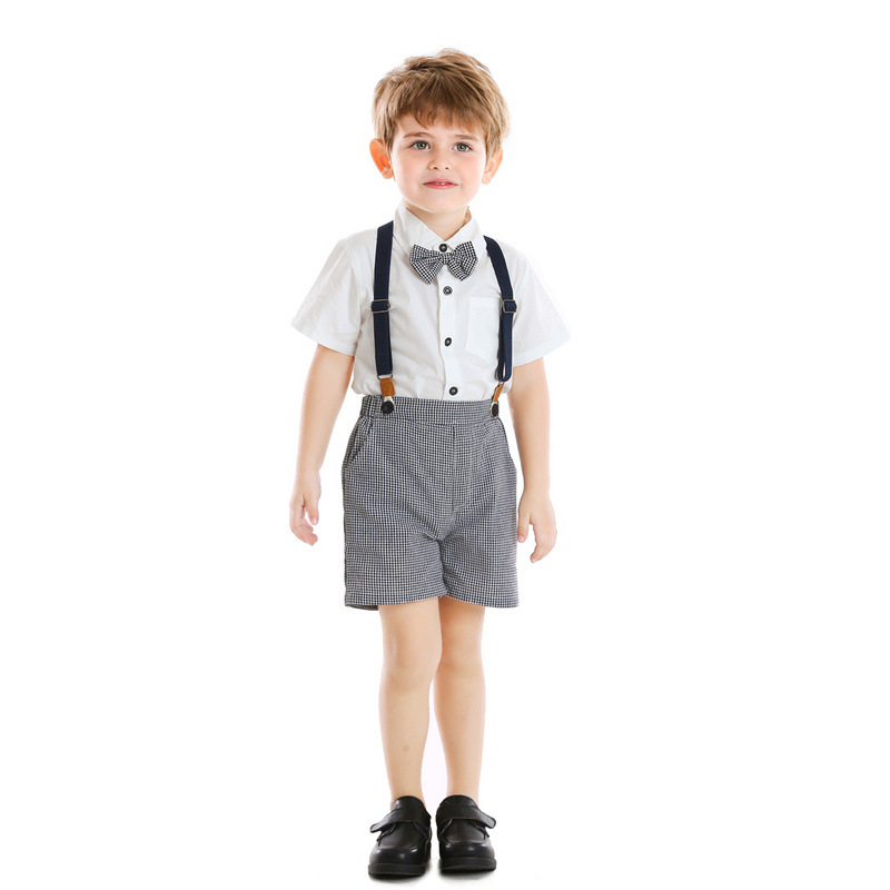 New Summer Children's Clothing Boys British Style Short-sleeved Shirts Plaid Overalls display picture 3