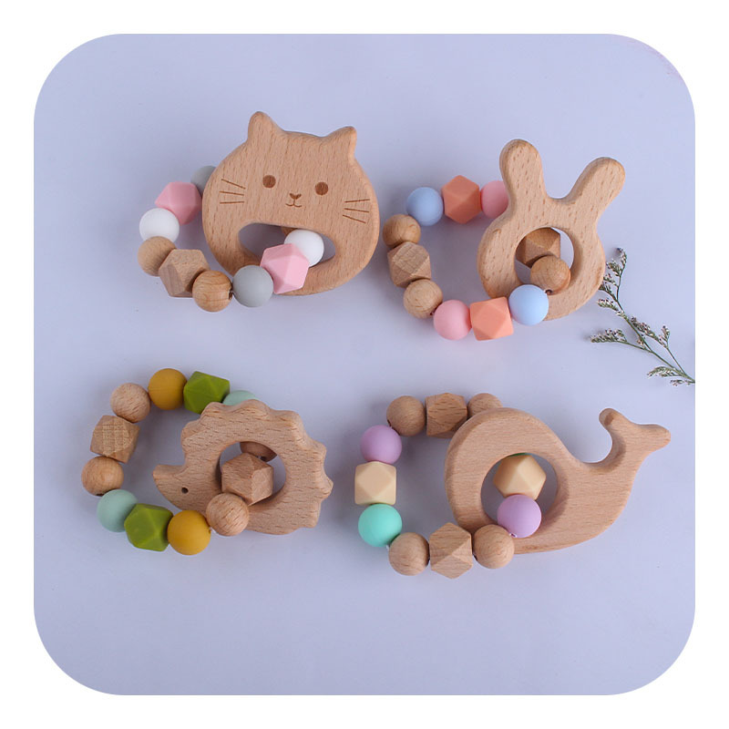 Bebé DIY creativo haya Animal de la historieta juguete mordedor pulsera nuevo gato cuentas silicona teether stick teether