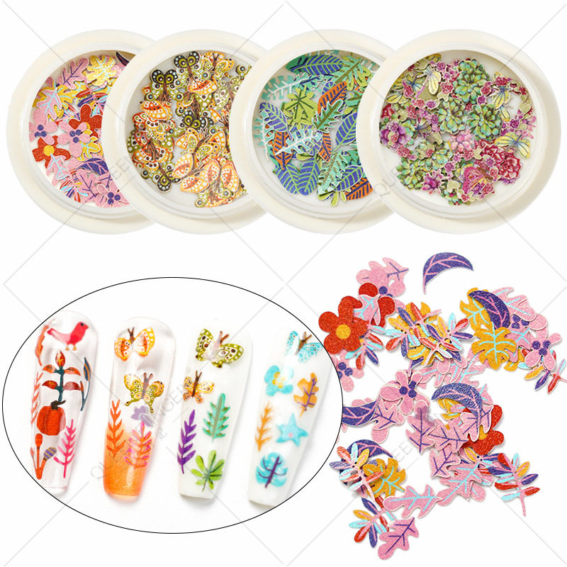 Joyas de manicura de la princesa inswind coloridas flores y hojas pájaros mariposas primavera serie de pulpa de madera parche de manicura