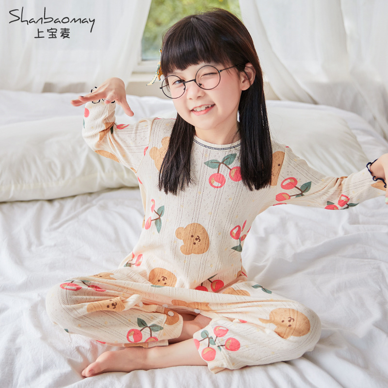 SHANGBAUMAIQIU 새로운 어린이 소매 긴 소매 면 잠옷 여자를위한 홈 옷 안티 콜드 파자마
