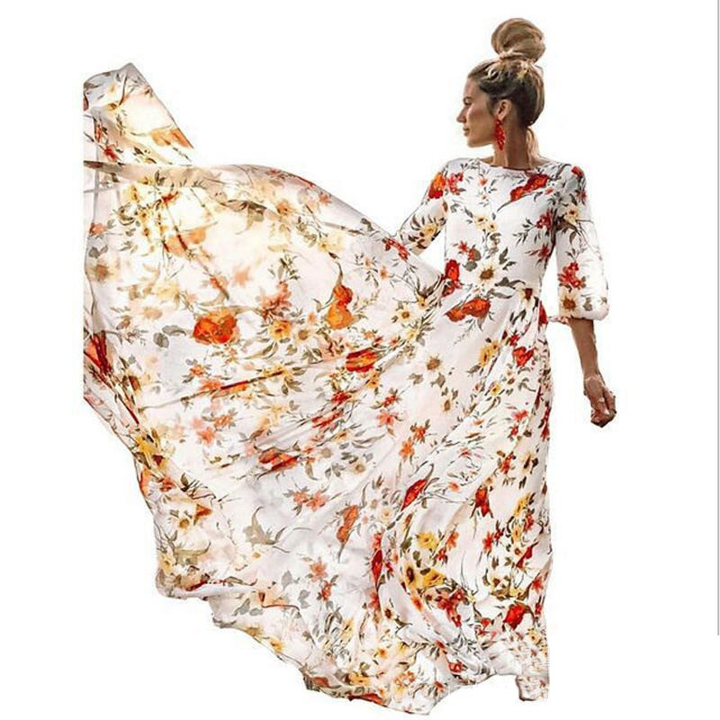 Collection 2024 Cross-Border Source : Nouvelle mode féminine européenne et américaine, robe longue bohème imprimée en mousseline, style vacances_voghion.com