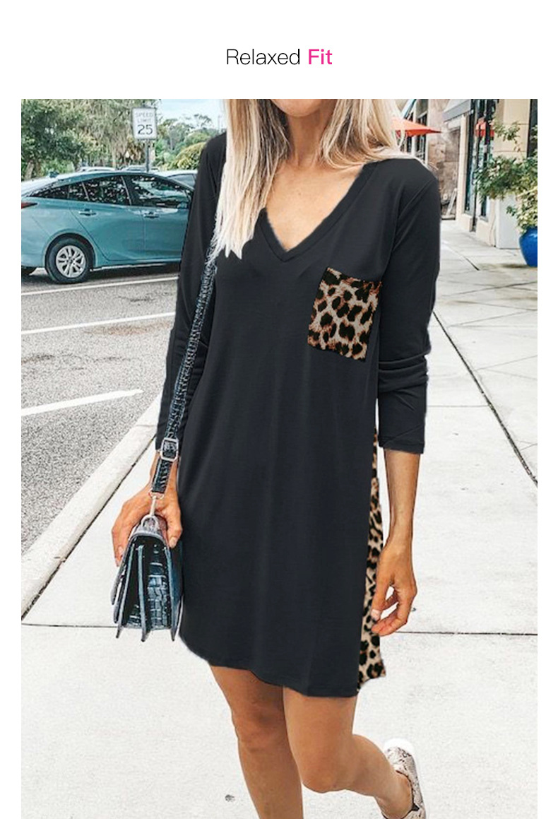 autumn sexy leopard pattern with pockets long sleeve round neck A-line dress  NSSI2446