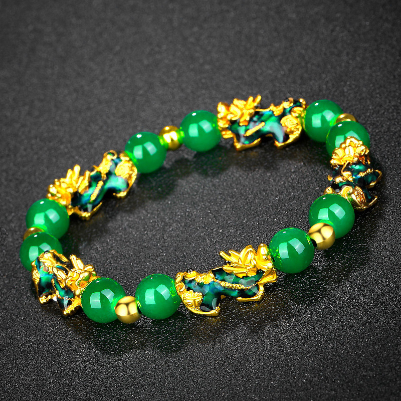 Vietnamese gold 3D temperature sensitive color changing Pixiu bracelet obsidian six character mantra Buddhist beads bracelet _voghion.com