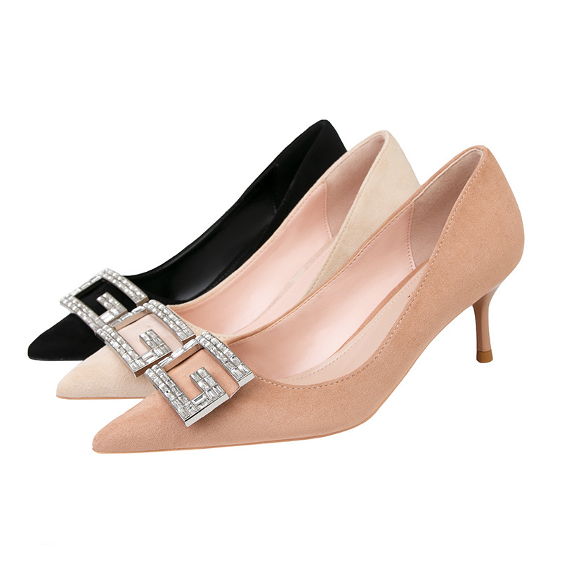121-2 han edition fashion footwear pointed thin with diamond G word buckle sexy show thin heels black single women's shoes