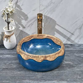 地中海陶瓷台上盆圆形洗手盆家用时尚蓝色陶瓷洗手盆双层腰鼓面盆