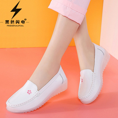 黑色闪电春秋牛皮护士小白鞋休闲防滑气垫底医院工作鞋透气女单鞋