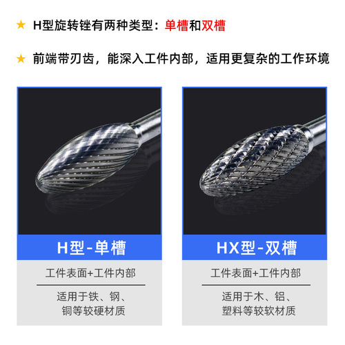 Tungsten steel grinding head carbide rotary file torch head milling cutter metal grinding and engraving single and double groove H type
