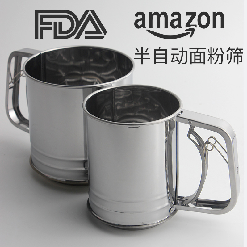 不锈钢面粉筛 手持面粉筛杯 DIY烘焙工具双层大号手压滤粉器筛子