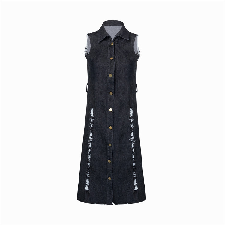 Turn Down Collar Sleeveless Ripped Denim Dress With Belted
