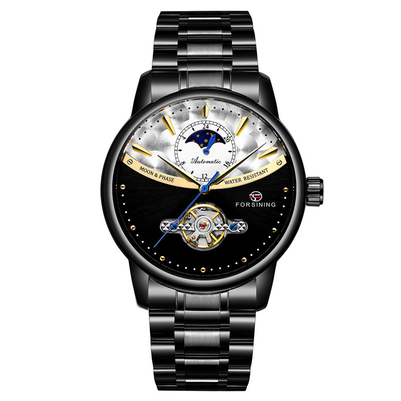 Forsining busini correa de acero los hombres negocios reloj mecánico automático inferior transparente hueco 8179