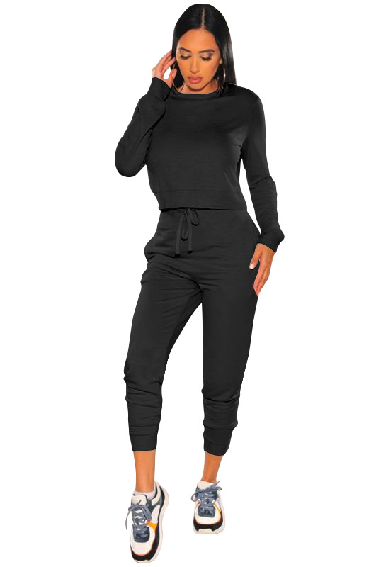 Solid Color Round Neck Long-Sleeved Pullover Blouse & Drawstring Trousers Set NSCQ62240