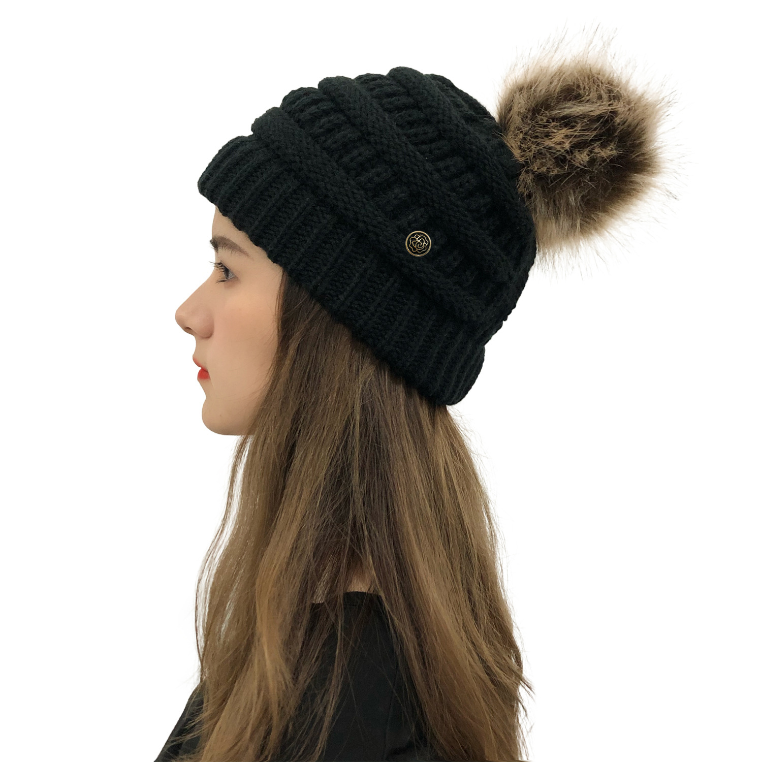 Crochet Ponytail Hat With Fur Pom Pom Mask Button Hat Hot Selling Knitted Hat Wool Ball Wool Hat Criss-cross