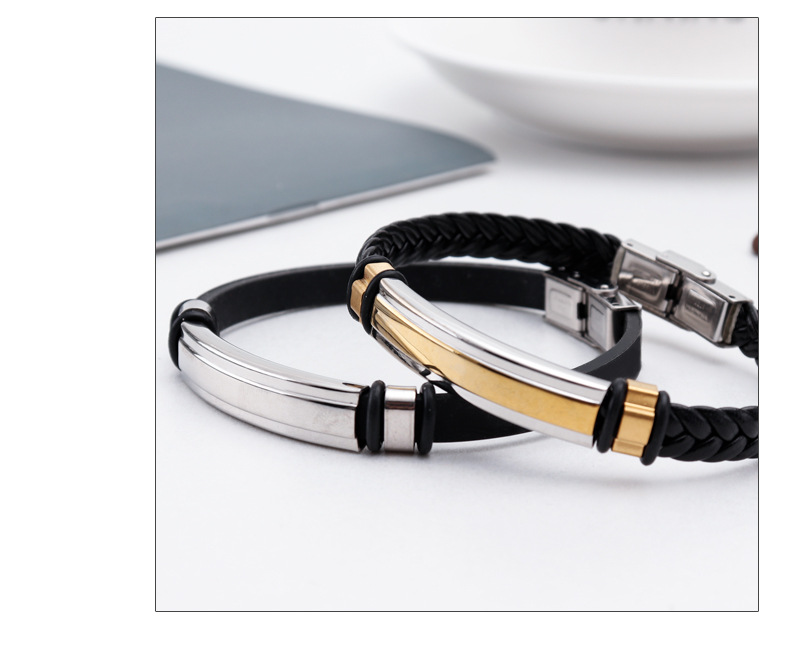 Holiday Occasion 304 Stainless Steel, Pu Leather Material Customization Laser Engraving, Solid Color Pattern Ethnic Style Customization Laser Engraving Solid Color 304 Stainless Steel Pu Leather Plating Men's Bangle Men Cord & Leather Bracelets
