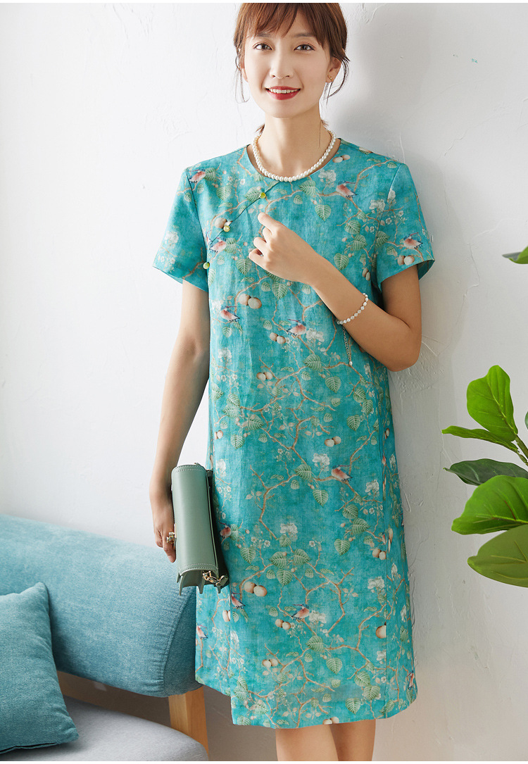 中国风亚麻印花面料玉扣旗袍设计圆领透气翠鸟印花高端连衣裙