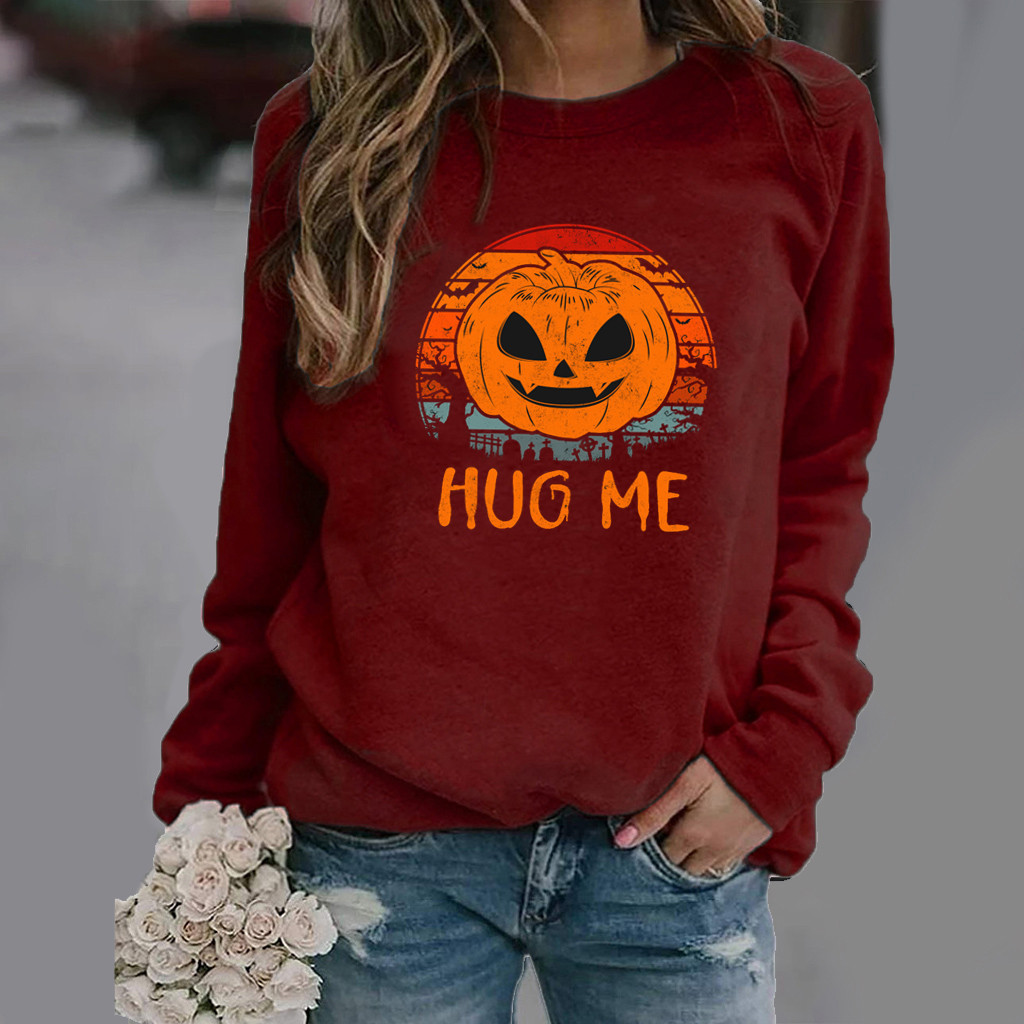 Roupas femininas com estampa de Halloween, moletom feminino de manga comprida e gola redonda_voghion.com