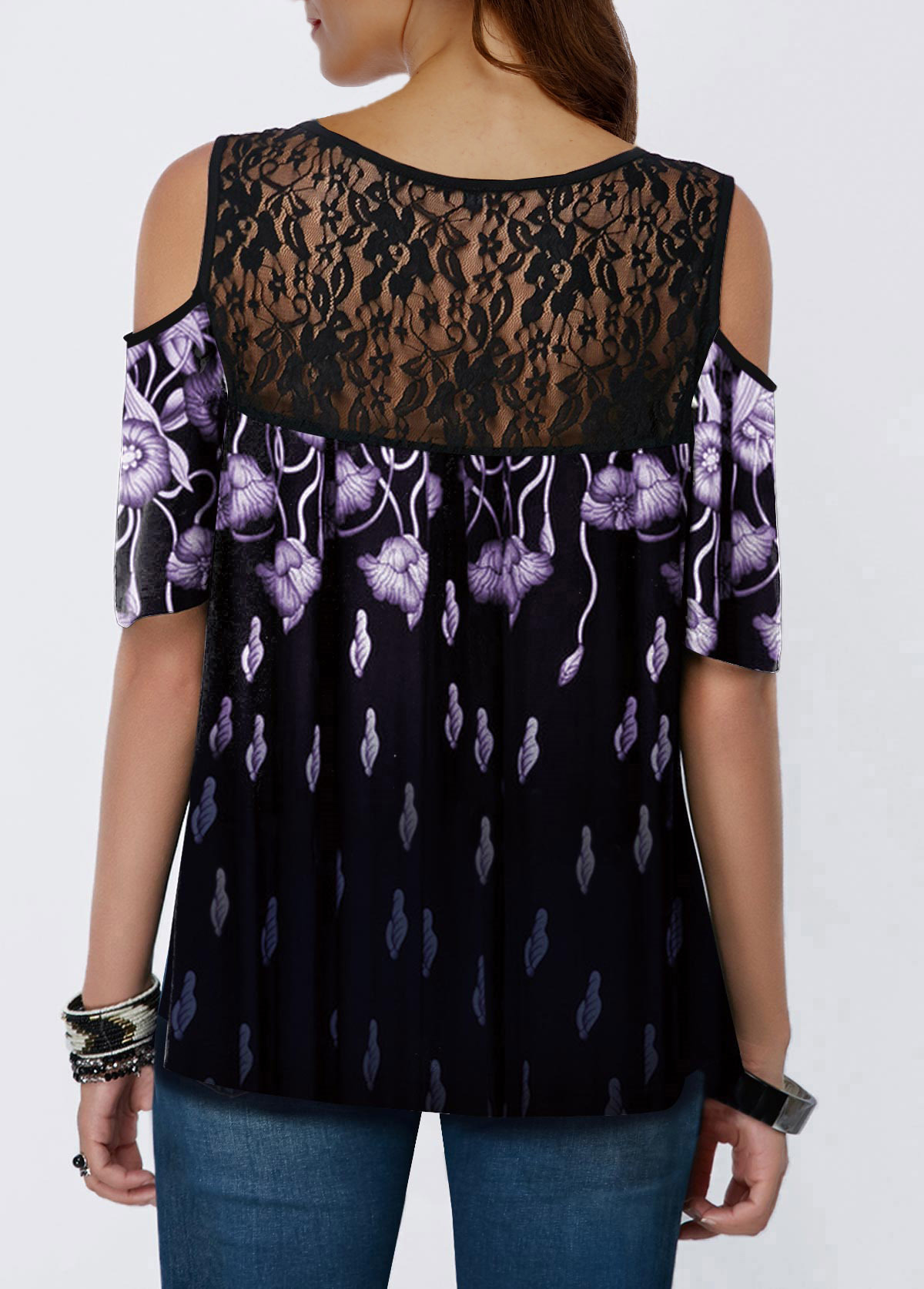 Floral Printed Short-Sleeved Off-Shoulder Lace Suspender T-Shirt NSYHY106885