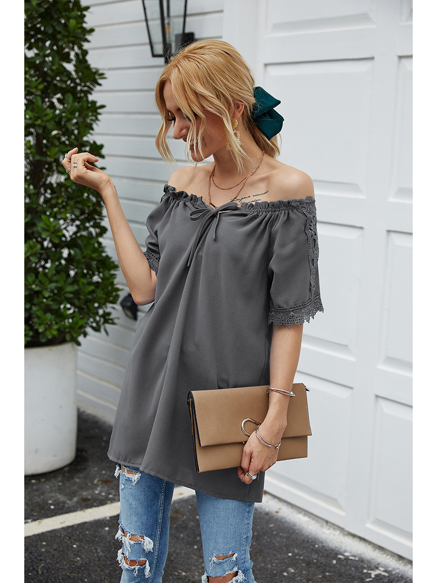 solid color lace one-shoulder hooded casual short-sleeved T-shirt NSAL2880