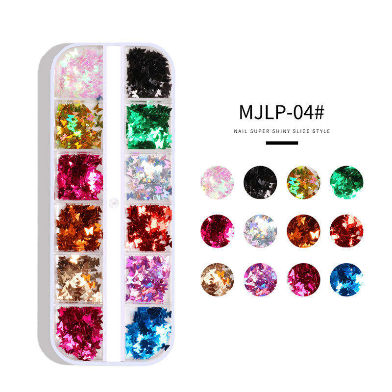 Amazon Venta caliente uñas mariposa lentejuelas 12-rejilla larga caja ultrafina láser uñas lentejuelas de forma especial