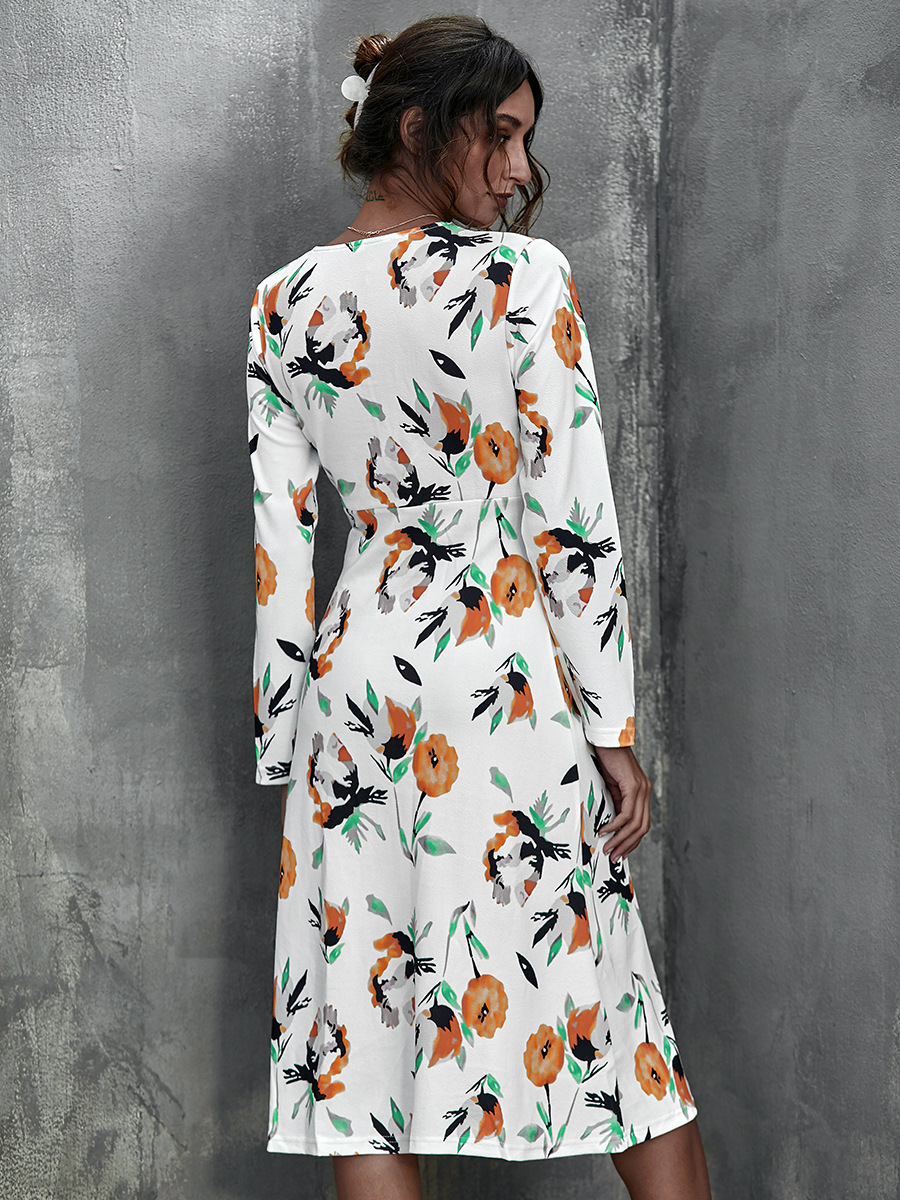 Temperament V-neck Printed Long Sleeve Dress NSAL2595