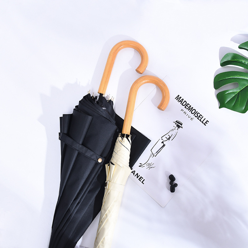 Japanese retro fresh straight umbrella long handle umbrella simple solid color wooden handle advertising umbrella black plastic umbrella ins