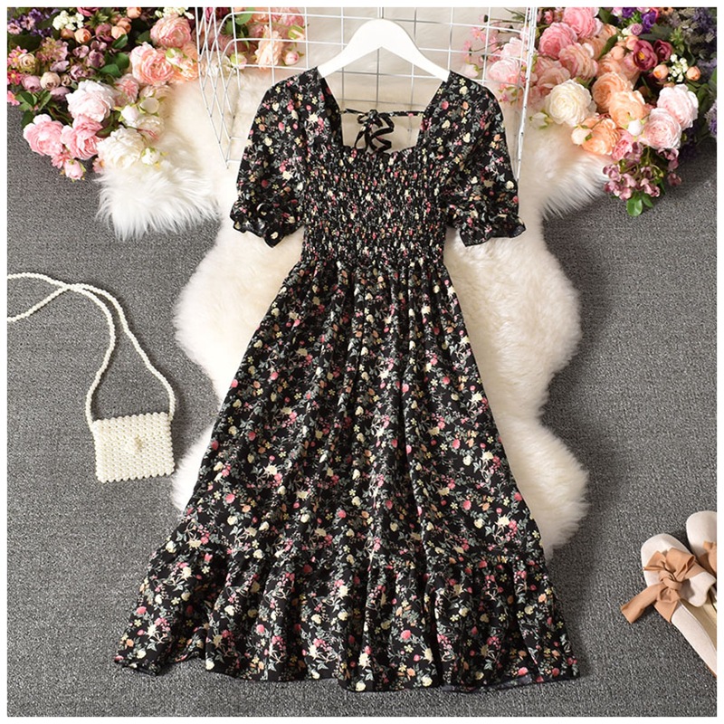 square collar backless lace-up big swing short-sleeved floral chiffon dress NSYXG124350