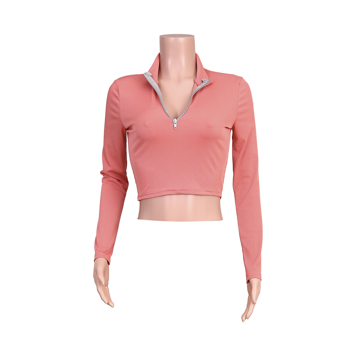 Cross border Europe and America autumn and winter 2020 pure color commuting zipper sleeve long sleeve pink slim V-neck slim women's wear