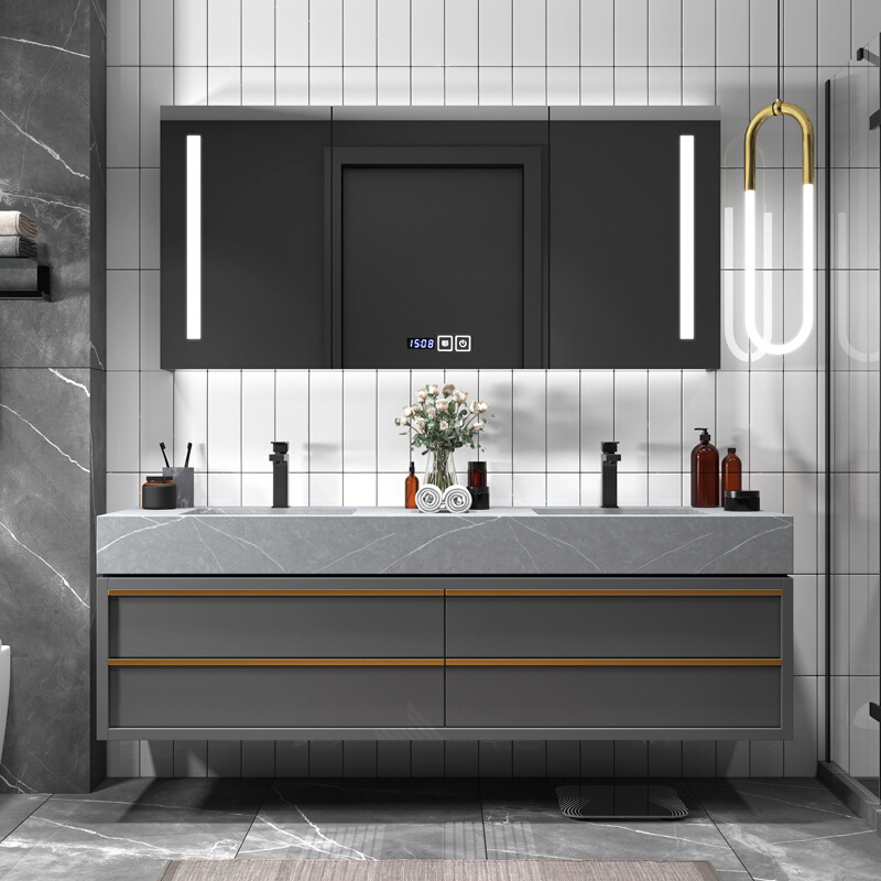 岩板实木双盆浴室柜组合轻奢现代简约智能镜洗手台盆卫生间洗漱台|ms