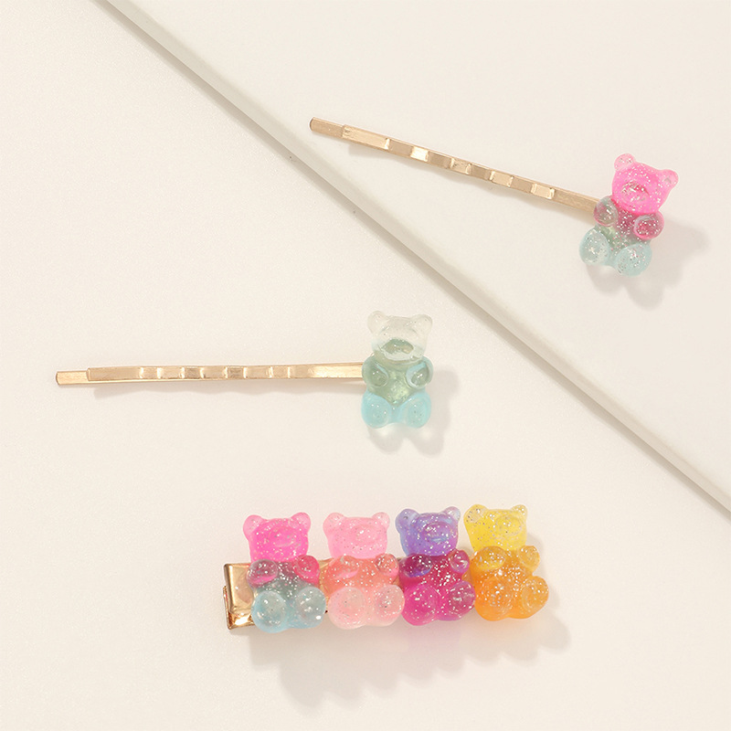 Sweet Crystal Flower Hairpin Candy Color Bear Side Clip Set Wholesale Nihaojewelry display picture 3
