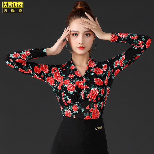 yellow red rose flowers Latin Ballroom Dance Tops For Women ballroom salsa rumba cha cha dancing clothes long sleeve dance costumes for lady