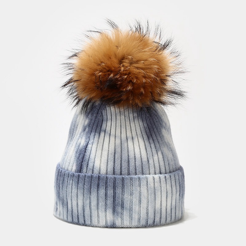 Nuevo gorro de punto con diseño de mapache teñido anudado para mujer, gorro de bola de pelo para otoño e invierno, gorro de hilo con núcleo resistente al viento para exteriores_voghion.com